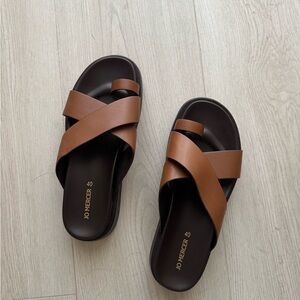 Jo Mercer Tan Brown Crisscross Slide Sandals